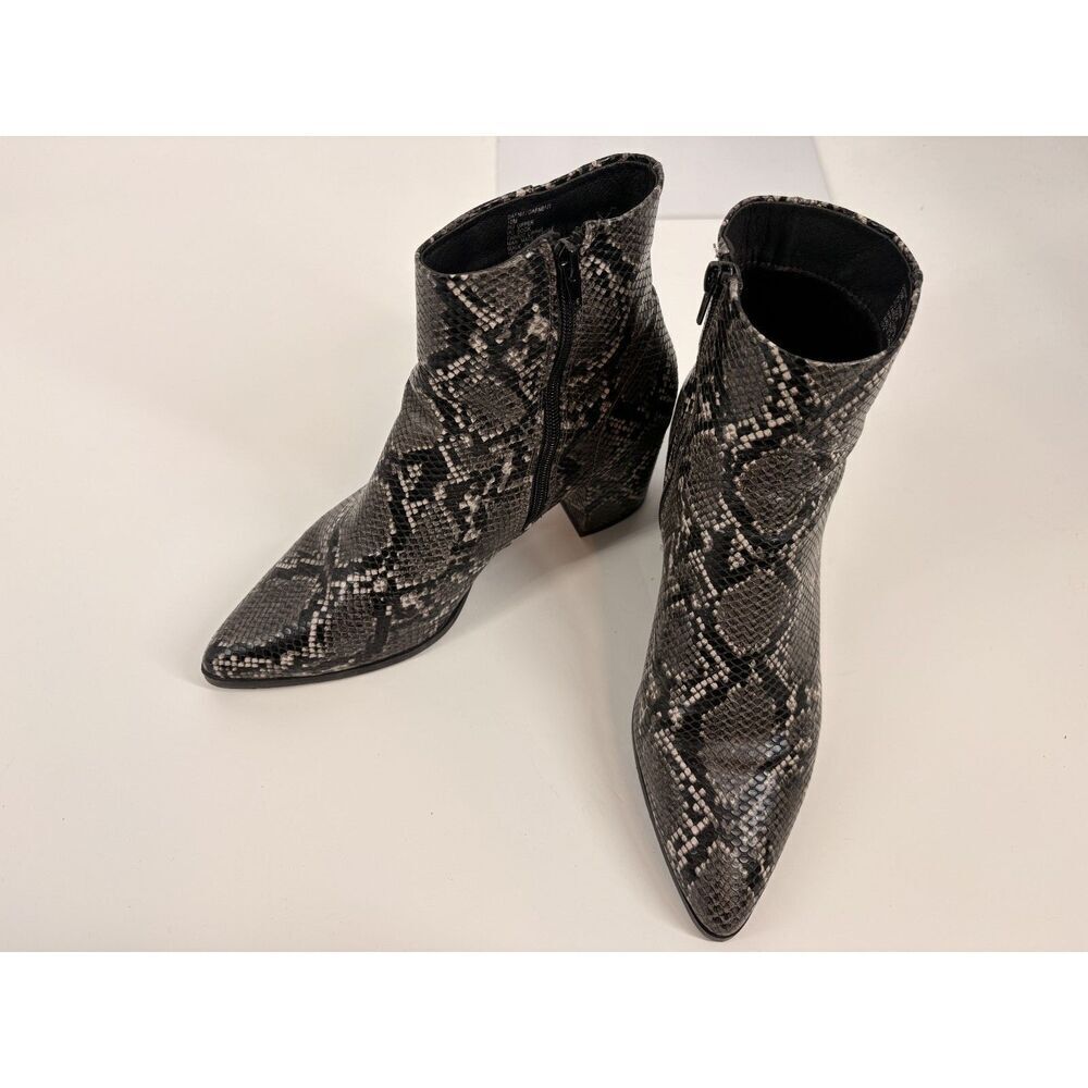 Snakeskin Print Ankle Booties | Pointed Toe Block Heel Side Zip Boots - Picture 2 of 6